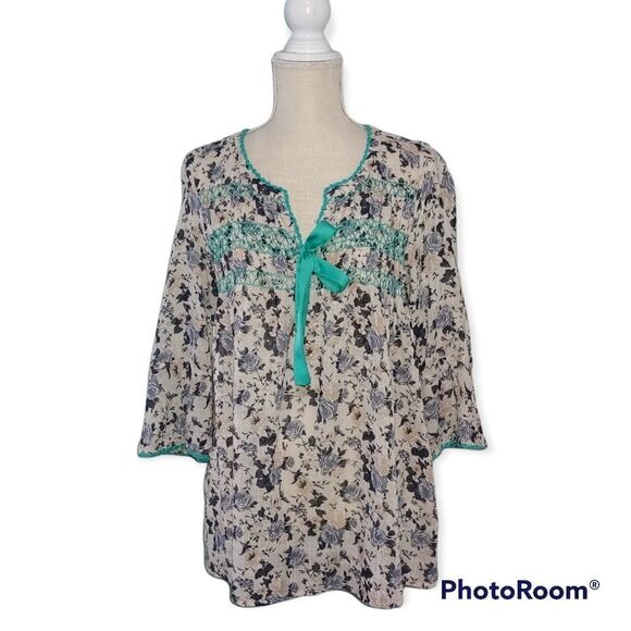 Ivy Jane Cream green floral embroidered ribbon bohemian peasant tunic top - Picture 1 of 6